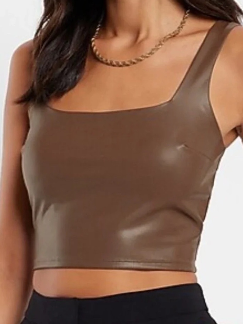 Express Body Contour Faux Leather Crop Top Brown Square Neck Small NWOT